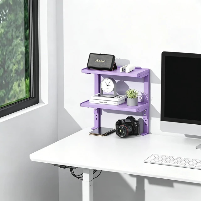 Alt view image 7 of 7 - 2-Tier Desk Shelf Desk Organization Expandable Clamp on Desk Shelf Desktop Accessories for Offices and Game Rooms (Purple)