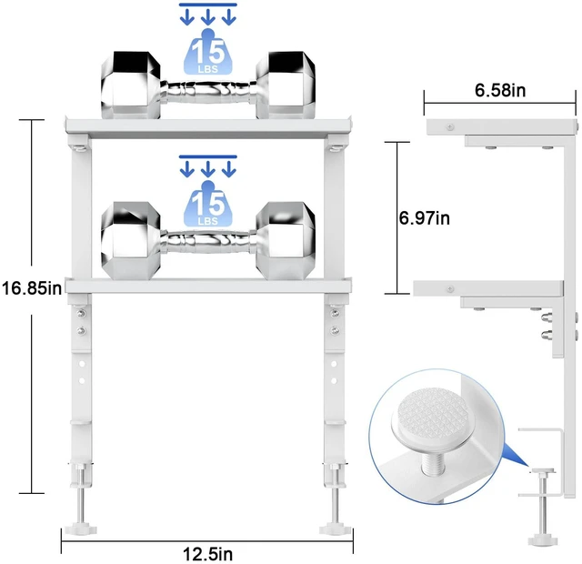 Alt view image 2 of 7 - 2-Tier Desk Shelf Desk Organization Expandable Clamp on Desk Shelf Desktop Accessories for Offices and Game Rooms (White)