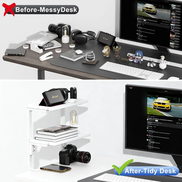 Alt view image 3 of 7 - 2-Tier Desk Shelf Desk Organization Expandable Clamp on Desk Shelf Desktop Accessories for Offices and Game Rooms (White)
