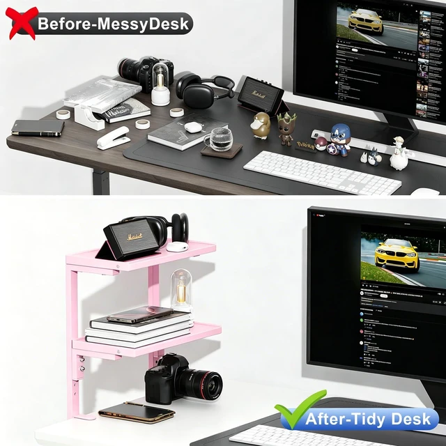 Alt view image 3 of 7 - 2-Tier Desk Shelf Desk Organization Expandable Clamp on Desk Shelf Desktop Accessories for Offices and Game Rooms (Pink)