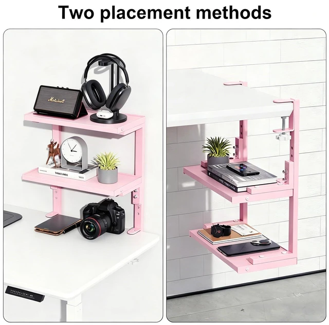 Alt view image 4 of 7 - 2-Tier Desk Shelf Desk Organization Expandable Clamp on Desk Shelf Desktop Accessories for Offices and Game Rooms (Pink)