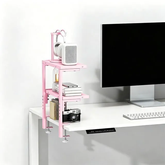 Alt view image 6 of 7 - 2-Tier Desk Shelf Desk Organization Expandable Clamp on Desk Shelf Desktop Accessories for Offices and Game Rooms (Pink)