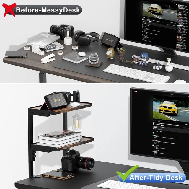 Alt view image 3 of 7 - 2-Tier Desk Shelf Desk Organization Expandable Clamp on Desk Shelf Desktop Accessories for Offices and Game Rooms (Wood)