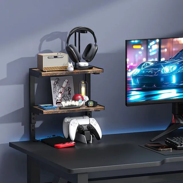 Alt view image 4 of 7 - 2-Tier Desk Shelf Desk Organization Expandable Clamp on Desk Shelf Desktop Accessories for Offices and Game Rooms (Wood)
