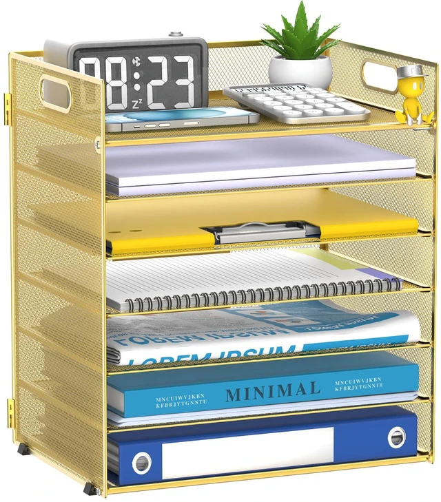 Main image of 7 Tier Paper Organizer for Desk with Mesh Letter Trays and Handle Gold Desk File Organizer with Handle for Sorting Papers, Files, Folders, Mail, Bills and Office Supplies
