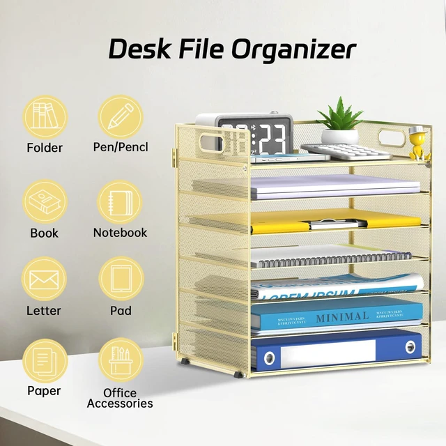 Alt view image 3 of 7 - 7 Tier Paper Organizer for Desk with Mesh Letter Trays and Handle Gold Desk File Organizer with Handle for Sorting Papers, Files, Folders, Mail, Bills and Office Supplies