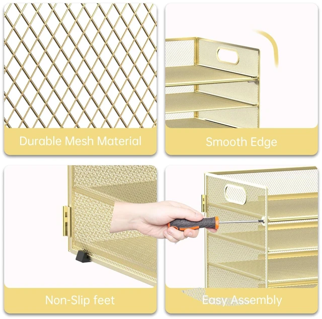 Alt view image 4 of 7 - 7 Tier Paper Organizer for Desk with Mesh Letter Trays and Handle Gold Desk File Organizer with Handle for Sorting Papers, Files, Folders, Mail, Bills and Office Supplies