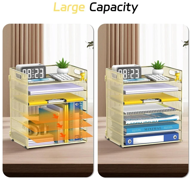 Alt view image 5 of 7 - 7 Tier Paper Organizer for Desk with Mesh Letter Trays and Handle Gold Desk File Organizer with Handle for Sorting Papers, Files, Folders, Mail, Bills and Office Supplies
