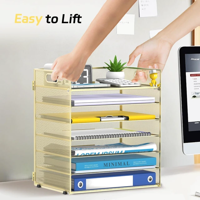 Alt view image 6 of 7 - 7 Tier Paper Organizer for Desk with Mesh Letter Trays and Handle Gold Desk File Organizer with Handle for Sorting Papers, Files, Folders, Mail, Bills and Office Supplies