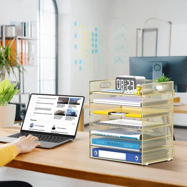 Alt view image 7 of 7 - 7 Tier Paper Organizer for Desk with Mesh Letter Trays and Handle Gold Desk File Organizer with Handle for Sorting Papers, Files, Folders, Mail, Bills and Office Supplies