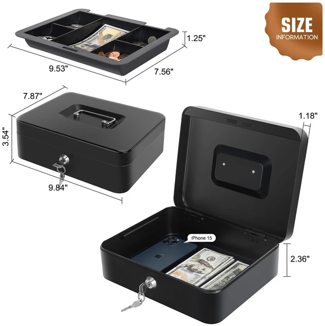 Alt view image 4 of 7 - Cash Box with Money Tray - Large Money Box with Lock, Metal Safe Box for Money 9.84" x 7.87" x 3.54" Black (Pack of 2)