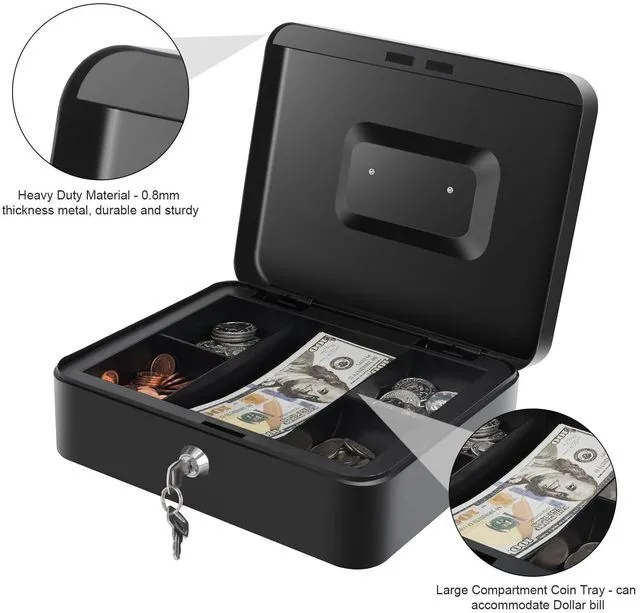 Alt view image 5 of 7 - Cash Box with Money Tray - Large Money Box with Lock, Metal Safe Box for Money 9.84" x 7.87" x 3.54" Black (Pack of 2)