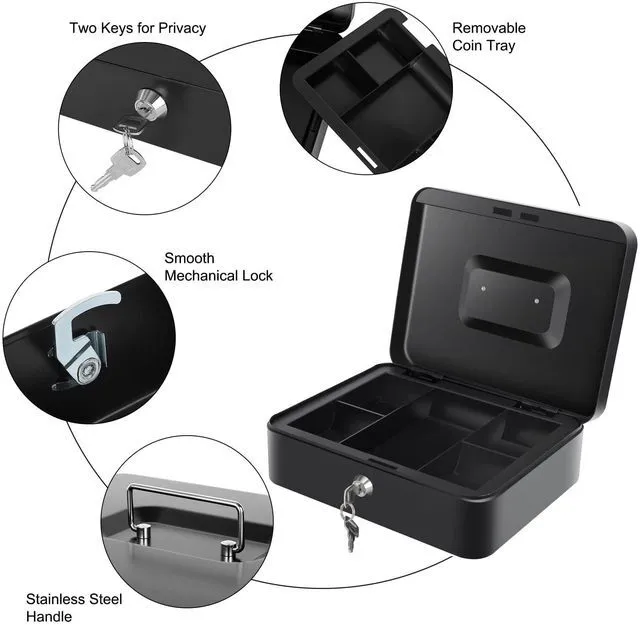 Alt view image 3 of 7 - Cash Box with Money Tray - Large Money Box with Lock, Metal Safe Box for Money 9.84" x 7.87" x 3.54" Black (Pack of 2)