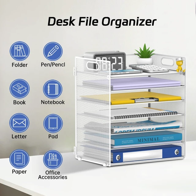Alt view image 3 of 7 - 7 Tier Paper Organizer for Desk with Letter Trays & Handle White Black Desk File Organizer with Handle for Sorting Papers, Files, Folders, Mail, Bills and Office Supplies
