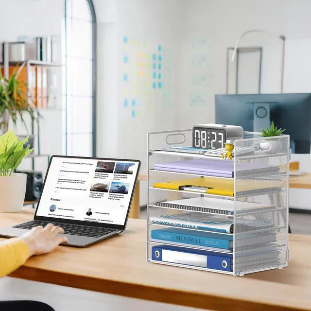 Alt view image 7 of 7 - 7 Tier Paper Organizer for Desk with Letter Trays & Handle White Black Desk File Organizer with Handle for Sorting Papers, Files, Folders, Mail, Bills and Office Supplies