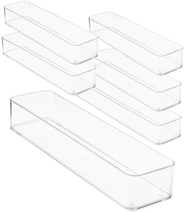 Main image of Plastic Clear Drawer Organizers. Bathroom, Kitchen, Bedroom, Gadgets, Office Organizer Bins, Storage Trays. Heavy Duty, Stackable. 12" x 3" x 2" Set of 6