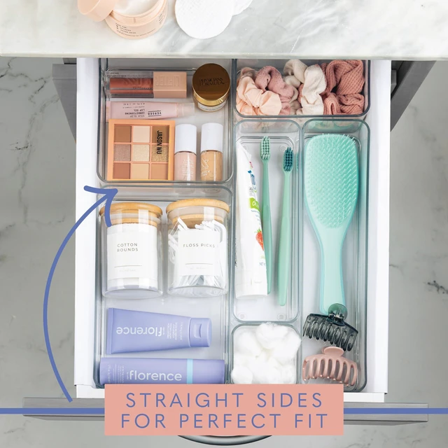Alt view image 2 of 5 - Plastic Clear Drawer Organizers. Bathroom, Kitchen, Bedroom, Gadgets, Office Organizer Bins, Storage Trays. Heavy Duty, Stackable. 12" x 3" x 2" Set of 6