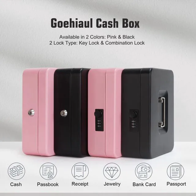Alt view image 6 of 7 - Cash Box with Money Tray - Large Money Box with Lock, Metal Safe Box for Money 9.84" x 7.87" x 3.54" Black (Pack of 2)