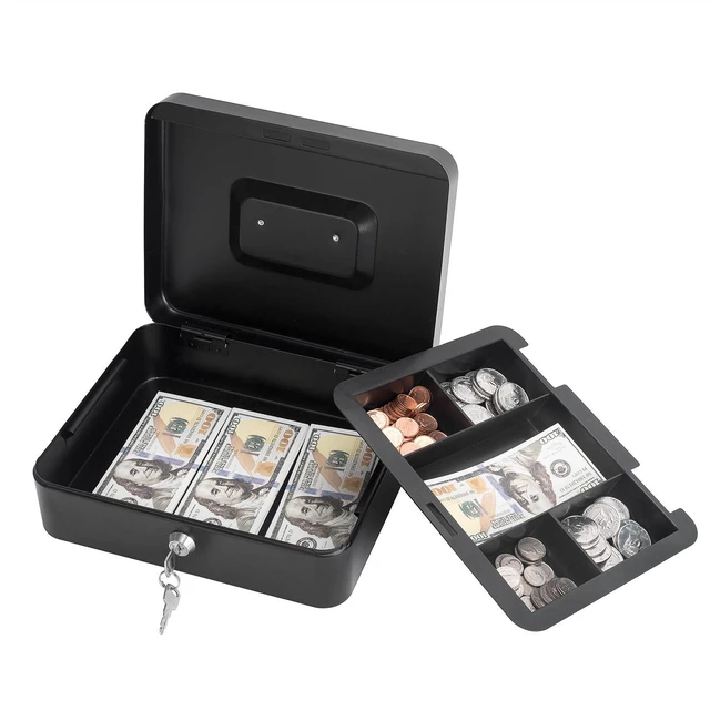 Alt view image 7 of 7 - Cash Box with Money Tray - Large Money Box with Lock, Metal Safe Box for Money 9.84" x 7.87" x 3.54" Black (Pack of 2)