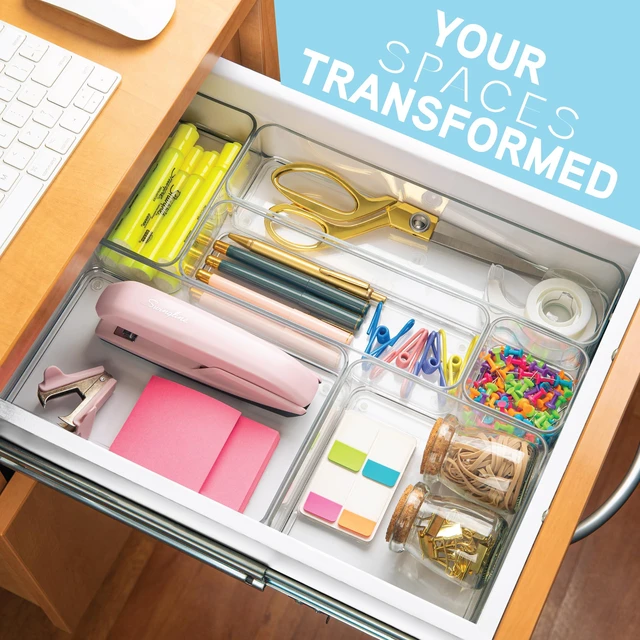 Alt view image 3 of 5 - Plastic Clear Acrylic Drawer Organizers. Bathroom, Kitchen, Bedroom, Utensils, Office Organizer Bins, Storage Trays. Heavy Duty, Stackable. 12" x 6" x 2" Set of 6