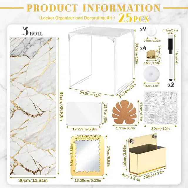 Alt view image 3 of 7 - 25 Pcs Locker Accessories, Locker Wallpaper,Marble,Gold Marble Gold, Locker Organizer, First Day of School Essential, Shelf Mirror LED Light Pen Holder Magnetic Dry Erase Board Rug