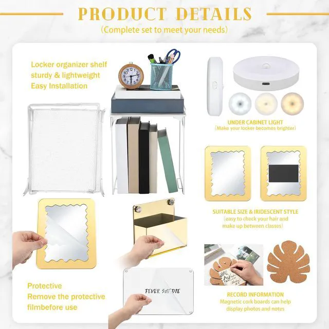 Alt view image 4 of 7 - 25 Pcs Locker Accessories, Locker Wallpaper,Marble,Gold Marble Gold, Locker Organizer, First Day of School Essential, Shelf Mirror LED Light Pen Holder Magnetic Dry Erase Board Rug
