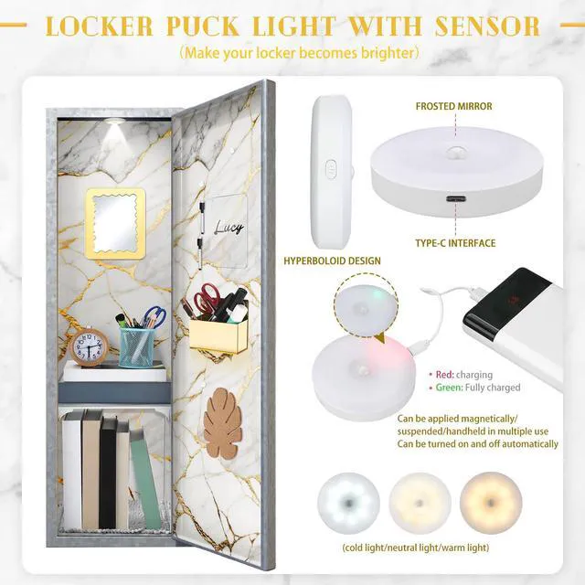 Alt view image 5 of 7 - 25 Pcs Locker Accessories, Locker Wallpaper,Marble,Gold Marble Gold, Locker Organizer, First Day of School Essential, Shelf Mirror LED Light Pen Holder Magnetic Dry Erase Board Rug