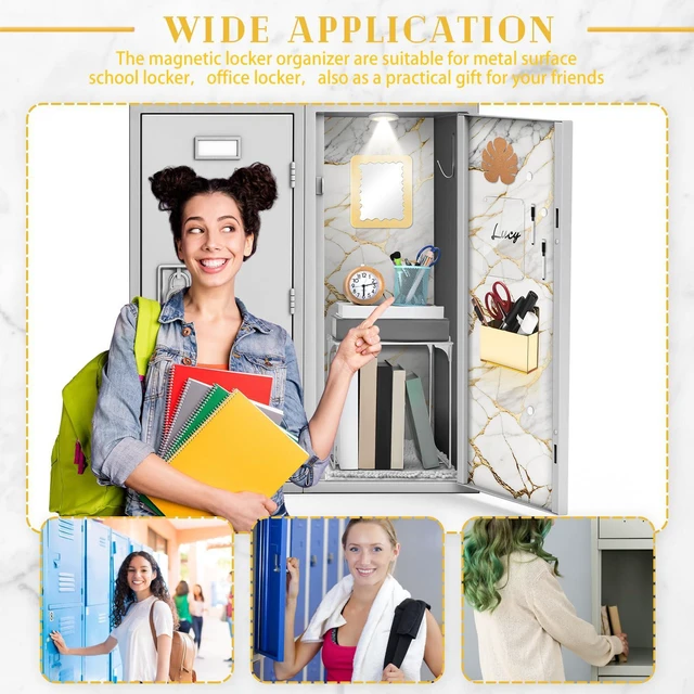 Alt view image 6 of 7 - 25 Pcs Locker Accessories, Locker Wallpaper,Marble,Gold Marble Gold, Locker Organizer, First Day of School Essential, Shelf Mirror LED Light Pen Holder Magnetic Dry Erase Board Rug