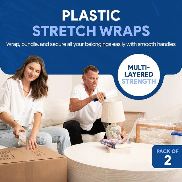 Alt view image 2 of 7 - 5" Plastic Stretch Wrap with Extended Handles 500% Stretch Film Cling Durable Adhering Packing Moving Packaging Heavy Duty Shrink (Clear, 1200ft each, 2 Pack)