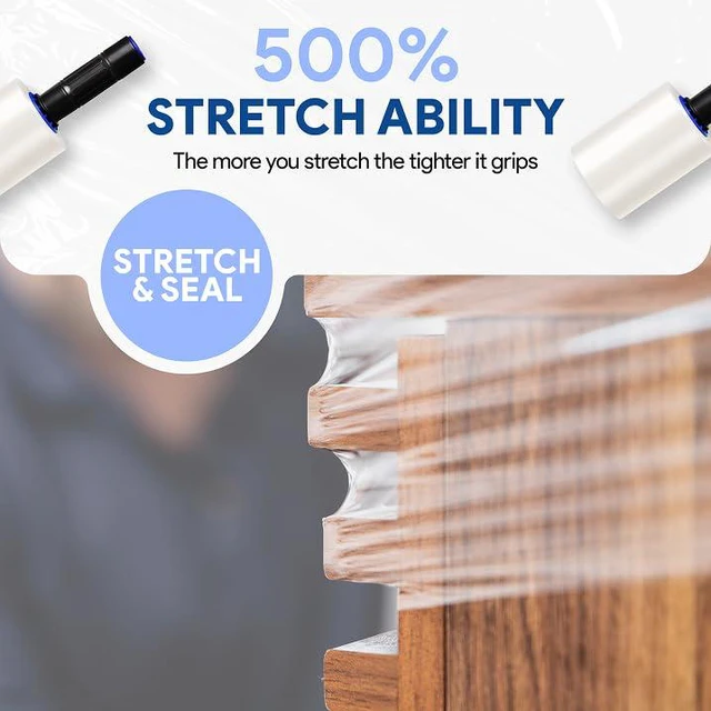 Alt view image 3 of 7 - 5" Plastic Stretch Wrap with Extended Handles 500% Stretch Film Cling Durable Adhering Packing Moving Packaging Heavy Duty Shrink (Clear, 1200ft each, 2 Pack)