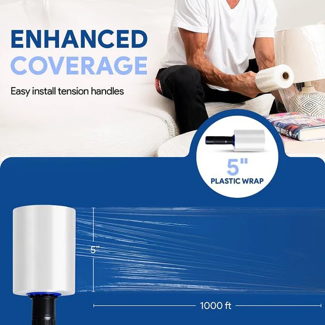 Alt view image 4 of 7 - 5" Plastic Stretch Wrap with Extended Handles 500% Stretch Film Cling Durable Adhering Packing Moving Packaging Heavy Duty Shrink (Clear, 1200ft each, 2 Pack)