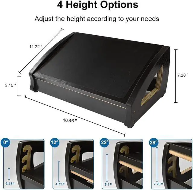 Alt view image 3 of 7 - Wooden Under Desk Footrest, 4 Heights, 400 lb, Anti-Slip, Black Large Non-Slip Platform, Stable Wooden Frame, 4 Height Options, Ergonomic Foot Stool for Office, Home, Gaming, Reading & Sofa