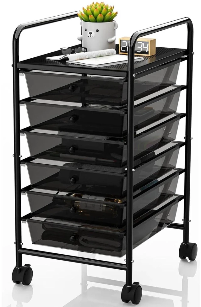 Main image of Rolling Storage Cart with Drawers 6-Tier Office Transparent Black Utility Cart with 6 Drawers & 2 Lockable Caster Wheels, Multipurpose Mobile Drawer Cart for School Bathroom Kitchen