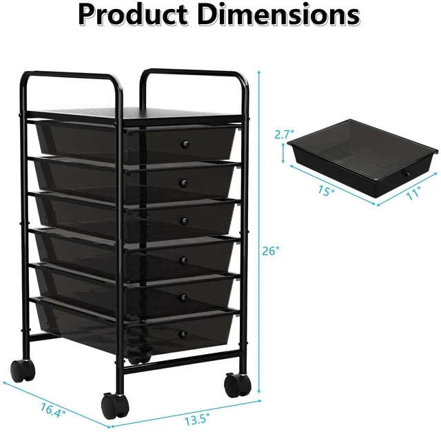 Alt view image 3 of 6 - Rolling Storage Cart with Drawers 6-Tier Office Transparent Black Utility Cart with 6 Drawers & 2 Lockable Caster Wheels, Multipurpose Mobile Drawer Cart for School Bathroom Kitchen