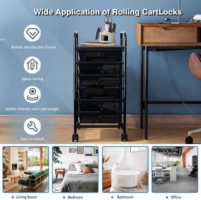 Alt view image 4 of 6 - Rolling Storage Cart with Drawers 6-Tier Office Transparent Black Utility Cart with 6 Drawers & 2 Lockable Caster Wheels, Multipurpose Mobile Drawer Cart for School Bathroom Kitchen