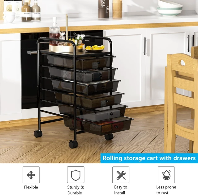Alt view image 5 of 6 - Rolling Storage Cart with Drawers 6-Tier Office Transparent Black Utility Cart with 6 Drawers & 2 Lockable Caster Wheels, Multipurpose Mobile Drawer Cart for School Bathroom Kitchen