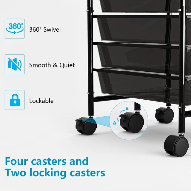 Alt view image 6 of 6 - Rolling Storage Cart with Drawers 6-Tier Office Transparent Black Utility Cart with 6 Drawers & 2 Lockable Caster Wheels, Multipurpose Mobile Drawer Cart for School Bathroom Kitchen