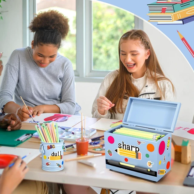 Alt view image 6 of 7 - 8 Pcs Pencil Dispenser for Classroom Stainless Steel, Light Blue Sharp Dull Pencil Holder Classroom, Letter Stickers, Metal Desk Organizer, Back to School Teacher Supplies, Pencil Parking