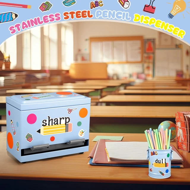 Alt view image 7 of 7 - 8 Pcs Pencil Dispenser for Classroom Stainless Steel, Light Blue Sharp Dull Pencil Holder Classroom, Letter Stickers, Metal Desk Organizer, Back to School Teacher Supplies, Pencil Parking