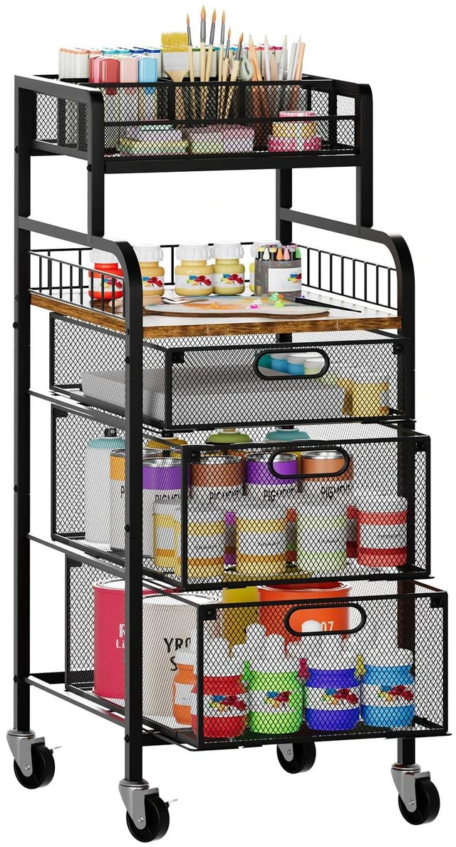 Main image of Rolling Cart with Drawers - Metal Craft Cart with Wheels, DIY Divider and Wood Shelf, Art Supply Organizer Craft Organizer and Storage, Utility Storage Cart for Home Office Studio, Espresso