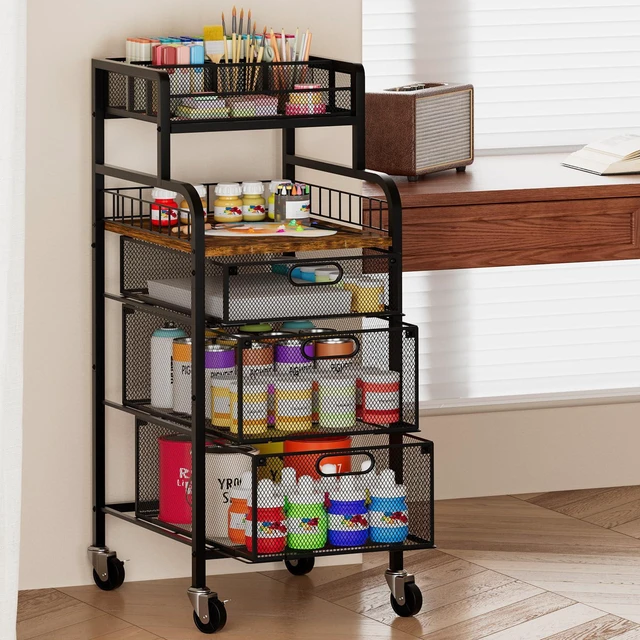 Alt view image 2 of 7 - Rolling Cart with Drawers - Metal Craft Cart with Wheels, DIY Divider and Wood Shelf, Art Supply Organizer Craft Organizer and Storage, Utility Storage Cart for Home Office Studio, Espresso