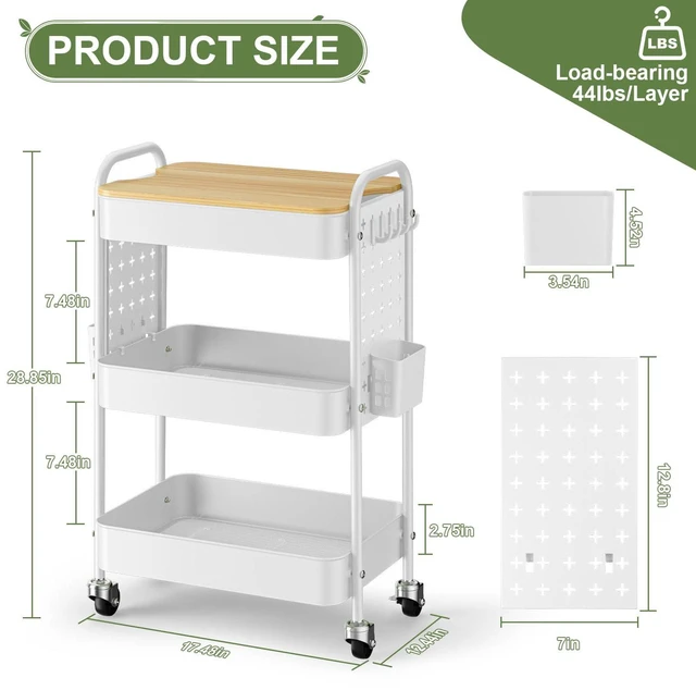 Alt view image 2 of 7 - 3 Tier Rolling Cart with Table top, Metal Utility Cart with DIY Pegboard Sturdy Storage Organizer Cart with Locking Wheels,Hooks& Cups for Office, Classroom, Kitchen and Bathroom, White