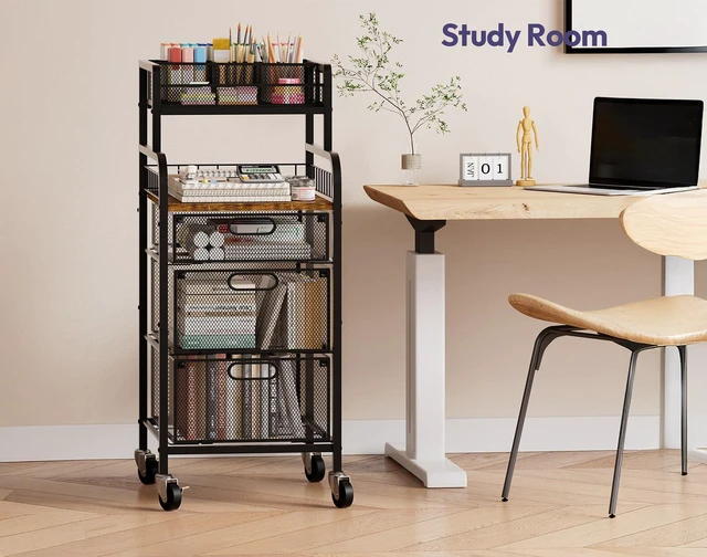 Alt view image 7 of 7 - Rolling Cart with Drawers - Metal Craft Cart with Wheels, DIY Divider and Wood Shelf, Art Supply Organizer Craft Organizer and Storage, Utility Storage Cart for Home Office Studio, Espresso