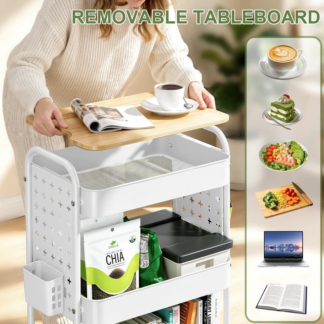Alt view image 4 of 7 - 3 Tier Rolling Cart with Table top, Metal Utility Cart with DIY Pegboard Sturdy Storage Organizer Cart with Locking Wheels,Hooks& Cups for Office, Classroom, Kitchen and Bathroom, White