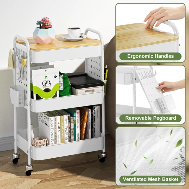 Alt view image 3 of 7 - 3 Tier Rolling Cart with Table top, Metal Utility Cart with DIY Pegboard Sturdy Storage Organizer Cart with Locking Wheels,Hooks& Cups for Office, Classroom, Kitchen and Bathroom, White