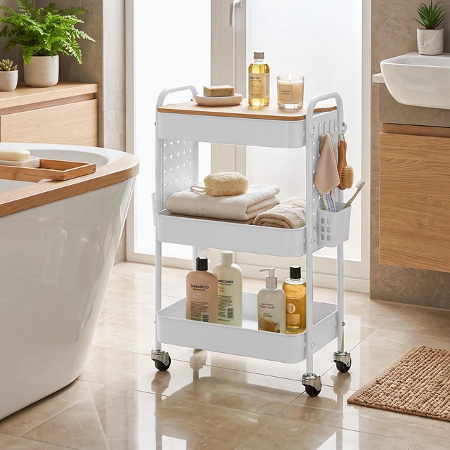 Alt view image 7 of 7 - 3 Tier Rolling Cart with Table top, Metal Utility Cart with DIY Pegboard Sturdy Storage Organizer Cart with Locking Wheels,Hooks& Cups for Office, Classroom, Kitchen and Bathroom, White