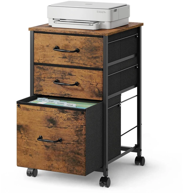 Main image of 3-Drawer Mobile File Cabinet, Rolling Printer Stand, Rustic Brown Fabric vertical filing cabinet with 3 drawers, wood desktop, steel frame, fits A4/Letter, Under Desk Storage for home office