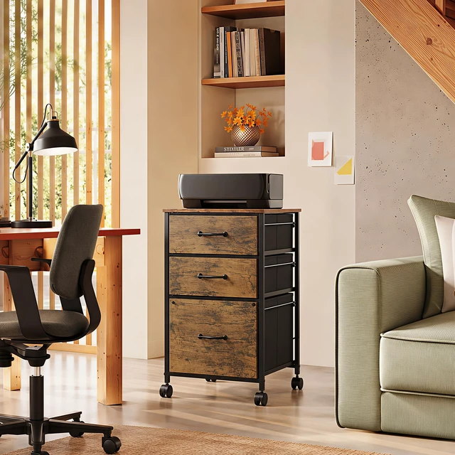 Alt view image 2 of 7 - 3-Drawer Mobile File Cabinet, Rolling Printer Stand, Rustic Brown Fabric vertical filing cabinet with 3 drawers, wood desktop, steel frame, fits A4/Letter, Under Desk Storage for home office