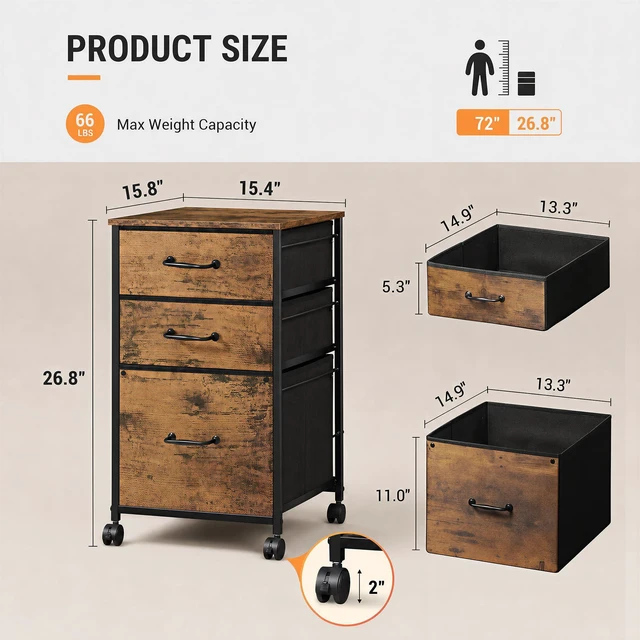 Alt view image 3 of 7 - 3-Drawer Mobile File Cabinet, Rolling Printer Stand, Rustic Brown Fabric vertical filing cabinet with 3 drawers, wood desktop, steel frame, fits A4/Letter, Under Desk Storage for home office