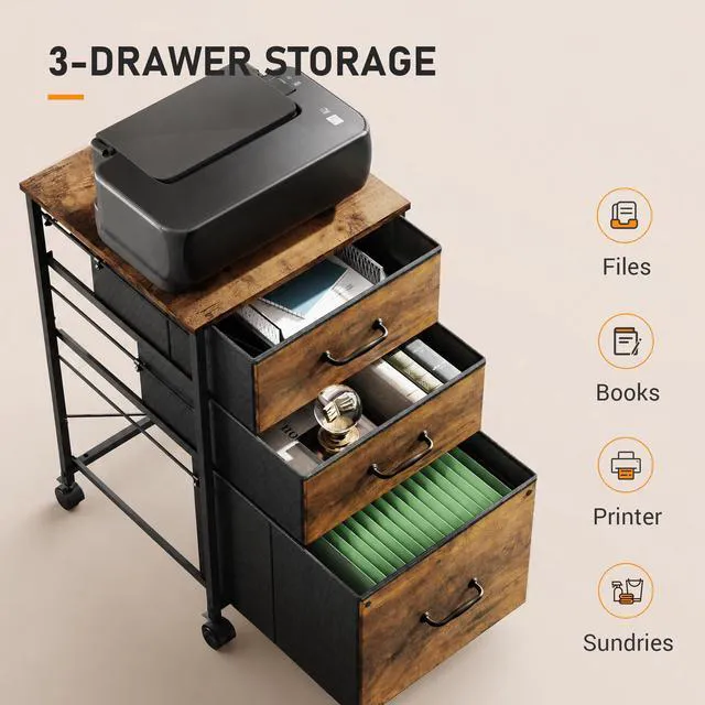 Alt view image 4 of 7 - 3-Drawer Mobile File Cabinet, Rolling Printer Stand, Rustic Brown Fabric vertical filing cabinet with 3 drawers, wood desktop, steel frame, fits A4/Letter, Under Desk Storage for home office
